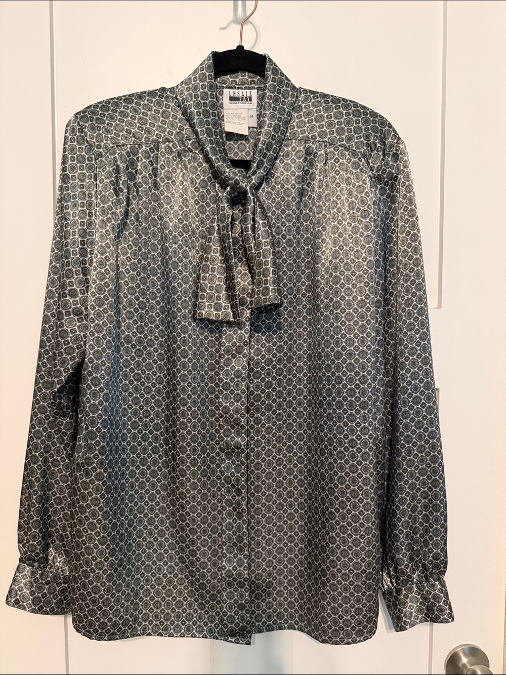 Vintage Leslie Fay Silver Grey Geometric Print Tie Neck Blouse